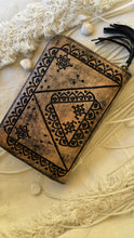 Load image into Gallery viewer, Large boho leather wallet purse with hand tooled floral detailing and turquoise gemstone feature