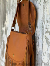 Load image into Gallery viewer, Shop this Genuine leather boho crossbody bag showing lined interior and adjustable leather strap by Dreamtime Boho