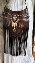 Load image into Gallery viewer, Dark chocolate leather fringe bag with handcrafted buffalo and feather detailing