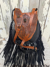 Load image into Gallery viewer, Hand-tooled leather fringe boho bag with angel wings, dreamcatcher detailing and gemstone accent