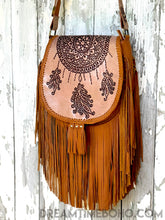 Load image into Gallery viewer, Hand-tooled leather fringe boho bag with dreamcatcher detailing and double-layer tan fringe. Worldwide Shipping from Australia
