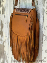 Load image into Gallery viewer, Leather fringe shoulder bag rear view showing secure zip pocket and long tan fringe