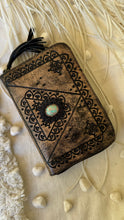 Load image into Gallery viewer, Liberty hand tooled leather wallet purse with turquoise stone feature and intricate boho detailing