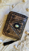Load image into Gallery viewer, Liberty small hand tooled leather wallet with turquoise stone feature and intricate boho detailing
