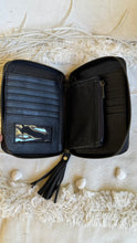 Load image into Gallery viewer, Liberty small zip-around leather wallet open showing card slots, coin compartment and interior storage