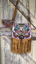 Load image into Gallery viewer, Hand painted lilac bohemian genuine leather bag and matching wallet set with fringe and hand tooled details.