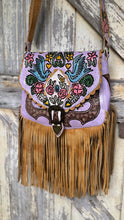 Load image into Gallery viewer, Lilac Love Story hand painted genuine leather boho bag and wallet set with fringe, floral artwork and western boho details.