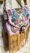 Load image into Gallery viewer, Close up of hand painted floral and bird artwork on Lilac Love Story bohemian leather fringe bag