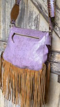 Load image into Gallery viewer, Rear zip pocket detail on Lilac Love Story genuine leather western boho fringe handbag.