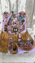 Load image into Gallery viewer, Lilac Love Story hand painted leather bag and matching wallet set handcrafted from genuine leather.