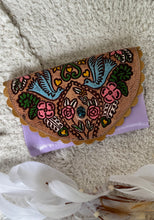 Load image into Gallery viewer, Matching Lilac Love Story hand painted genuine leather wallet with floral and bird artwork.