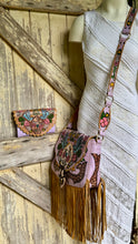 Load image into Gallery viewer, Lilac western boho genuine leather fringe bag with matching wallet and hand painted shoulder strap.