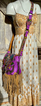 Load image into Gallery viewer, Purple Love Story boho crossbody bag with long tan leather fringe and adjustable hand painted strap
