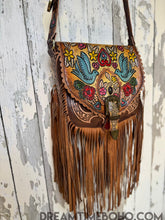 Load image into Gallery viewer, Luxe Love Story Hand-Tooled Painted Leather Fringe Boho Crossbody Bag-Dreamtime Boho -Dreamtime Boho