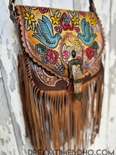 Load image into Gallery viewer, Luxe Love Story Hand-Tooled Painted Leather Fringe Boho Crossbody Bag-Dreamtime Boho -Dreamtime Boho