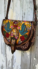 Load image into Gallery viewer, Close-up of Love Story hand tooled and hand painted leather boho bag with bluebirds floral and heart detailing