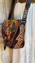 Load image into Gallery viewer, Love Story leather crossbody bag with hand tooled side detailing and adjustable hand painted leather strap