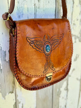 Load image into Gallery viewer, Side angle of Luna Moth artisan leather crossbody bag with hand stitched edging