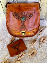 Load image into Gallery viewer, Luna Moth boho leather crossbody bag in genuine leather with turquoise stone and matching coin purse Australia