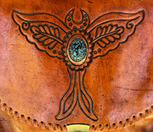 Load image into Gallery viewer, Close up of Luna Moth hand tooled leather crossbody bag with turquoise stone detail