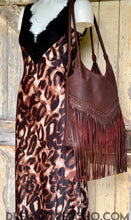 Load image into Gallery viewer, Chocolate brown leather fringe shoulder bag hanging display, handcrafted boho style