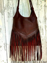 Load image into Gallery viewer, Close-up of chocolate brown leather fringe detail on luxe boho shoulder bag