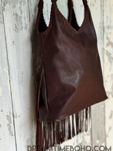 Load image into Gallery viewer, Back view of chocolate brown leather fringe shoulder bag with smooth leather finish