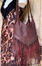 Load image into Gallery viewer, Luxe chocolate brown leather fringe shoulder bag front view with soft genuine leather and flowing fringe