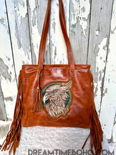 Load image into Gallery viewer, Luxe hand tooled leather fringe boho tote bag with detailed tooling and long fringe, designed in Australia by Dreamtime Boho, shipping worldwide from Queensland