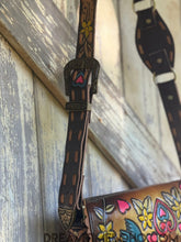 Load image into Gallery viewer, Antique brass buckle and hand-tooled leather detail on Luxe Love Story boho crossbody bag in dark brown, designed in Australia by Dreamtime Boho
