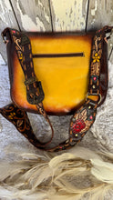 Load image into Gallery viewer, Rear view of Luxe Love Story leather crossbody boho bag with hand painted floral strap and back zip pocket