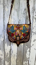 Load image into Gallery viewer, Full view of Luxe Love Story hand painted leather crossbody boho bag with bluebird and floral artwork