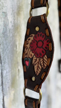 Load image into Gallery viewer, Hand painted floral and heart detail on the leather crossbody strap of the Luxe Love Story boho bag