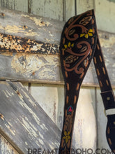Load image into Gallery viewer, Hand-tooled adjustable leather strap with painted detailing on Luxe Love Story crossbody boho bag, designed in Australia by Dreamtime Boho, shipping worldwide from Queensland Australia