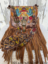 Load image into Gallery viewer, Luxe Love Story Hand-Tooled Painted Leather Fringe Boho Crossbody Bag-Dreamtime Boho -Dreamtime Boho