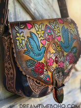 Load image into Gallery viewer, Angled view of Luxe Love Story dark brown hand-tooled leather crossbody boho bag showing detailed craftsmanship, designed in Australia by Dreamtime 

