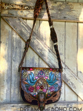 Load image into Gallery viewer, Luxe Love Story hand-tooled and hand-painted leather crossbody boho bag in dark brown, hand painted and hand tooled, part of the Love Story collection, designed in Australia by Dreamtime Boho, shipping worldwide from Queensland Australia
