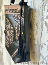 Load image into Gallery viewer, Side detail of mandala leather boho crossbody bag with black stone feature.