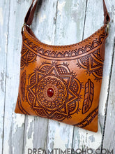 Load image into Gallery viewer, Mandala Sunstone Hand Tooled Leather Crossbody Boho Bag-Crossbody Bag-Dreamtime Boho -Brown-Dreamtime Boho
