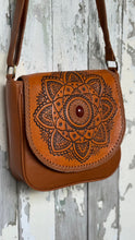 Load image into Gallery viewer, Handcrafted tan genuine leather mandala crossbody bag with gemstone feature and braided trim by Dreamtime Boho, designed in Australia.