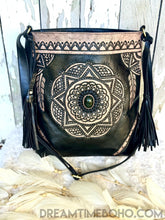 Load image into Gallery viewer, Hand tooled mandala leather boho crossbody bag with black stone feature. 