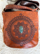 Load image into Gallery viewer, Mandala leather crossbody bag in soft genuine leather with hand tooled boho design and oval turquoise stone centrepiece