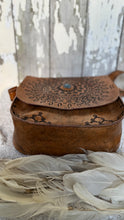 Load image into Gallery viewer, Base depth view of Mandala Vintage Crossbody Leather Boho Bag in distressed brown genuine leather showing wide structured interior design