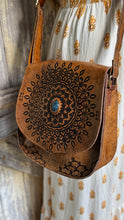 Load image into Gallery viewer, Mandala Vintage Crossbody Leather Boho Bag in distressed brown genuine leather with hand tooled mandala design and turquoise stone