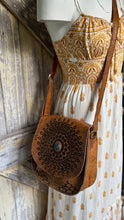 Load image into Gallery viewer, Woman wearing Mandala Vintage Crossbody Leather Boho Bag in distressed brown genuine leather boho crossbody style