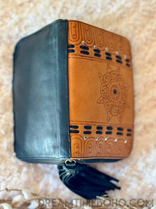 Mandala Leather Boho Wallet Purse Small Black-Handbags, Wallets & Cases-Dreamtime Boho-Dreamtime Boho