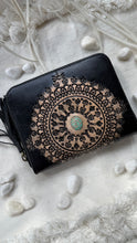 Load image into Gallery viewer, Midnight Mandala compact black leather boho wallet with hand tooled design and turquoise gemstone