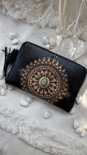 Load image into Gallery viewer, Midnight Mandala handcrafted black leather boho wallet with tooled mandala design and turquoise gemstone