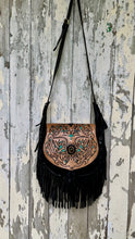 Load image into Gallery viewer, Midnight Oasis hand tooled black genuine leather fringe crossbody bag with turquoise detailing, adjustable strap and gemstone feature.