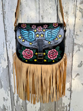 Load image into Gallery viewer, Midnight Starfall hand painted leather fringe crossbody bag with blue wings, pink roses and yellow stars on black leather